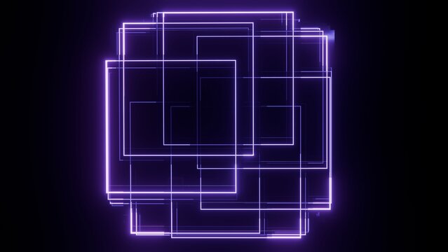 Abstract glowing neon square wireframe composition with purple and violet light on dark background