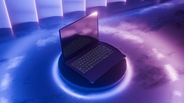 High-angle laptop mockup on glowing round podium in neon studio room