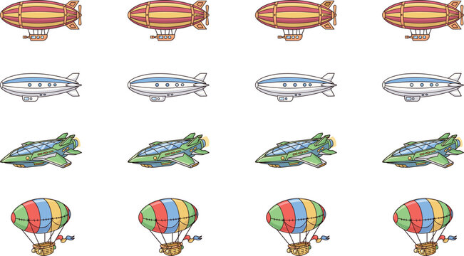 Retro Flying Airship Vector Set featuring Steampunk Blimps, Colorful Hot Air Balloons, and Futuristic Spaceships for Game Assets and Digital Illustrations