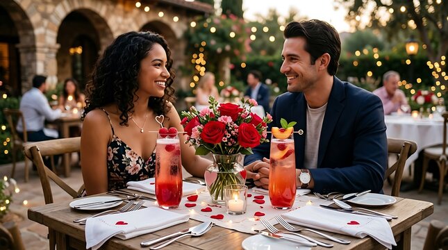 Happy couple enjoying romantic dinner date with cocktails and red roses at outdoor restaurant.