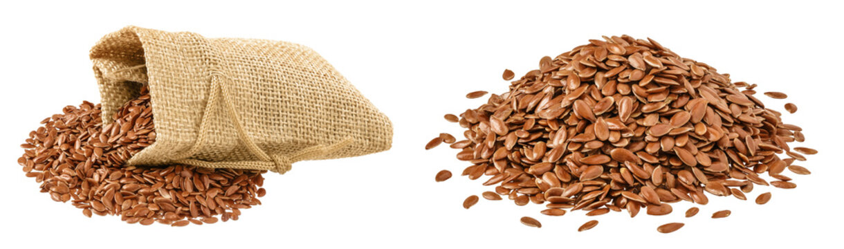 flaxseed in a bag isolated on white background. Top view. Flat lay