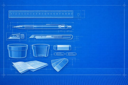 Blueprint design featuring stationary items on bright blue background