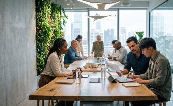 Diverse business team collaborating in a modern eco-friendly office with vertical garden and large wooden conference table.