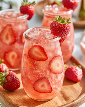 Strawberry Bliss Refresher: Close-up of refreshing strawberry drinks adorned with fresh fruit slices and mint, served in clear glass jars with ice, inviting a moment of pure summer indulgence.