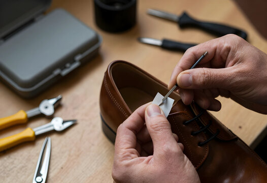 Shoe repair and craftsmanship, cobbler working on a brown leather shoe with tools, traditional shoemaking and restoration
