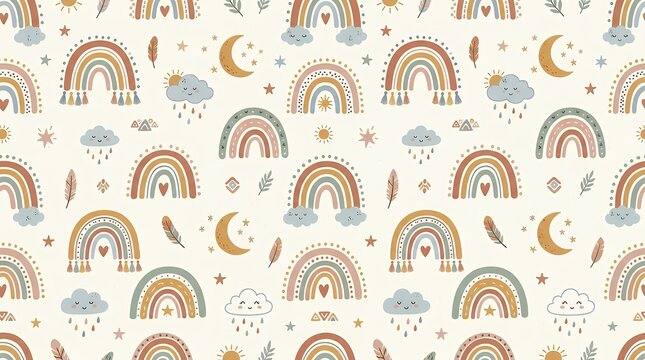 Seamless Boho Style Nursery Print Collection Featuring Whimsical Rainbows Celestial Elements and Clouds boho bohemian baby pattern seamless rainbow stars moon clouds nursery background textile cute