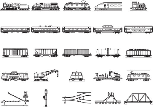 A collection of diverse train and railway equipment line art illustrations, showcasing various locomotive types, carriages, and infrastructure elements, presented in a clean, organized layout.