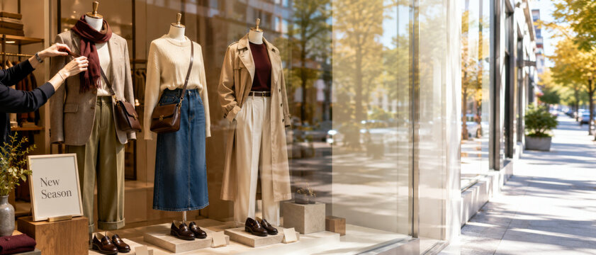 Fall fashion sale store window display with autumn clothing mannequins in urban setting