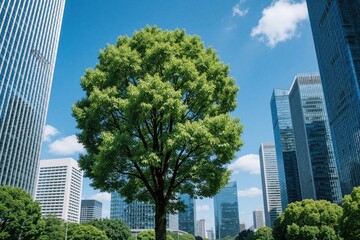 Fototapeta premium Green tree grows among tall glass skyscrapers in a sunny city. Nature and modern architecture create a striking visual contrast under a clear blue sky with scattered clouds.