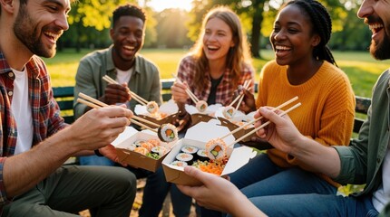 Obraz premium Diverse friends laugh and share takeout sushi boxes on park bench. People eat Japanese food with chopsticks enjoying sunny day. Happy group mealtime in nature during summer.