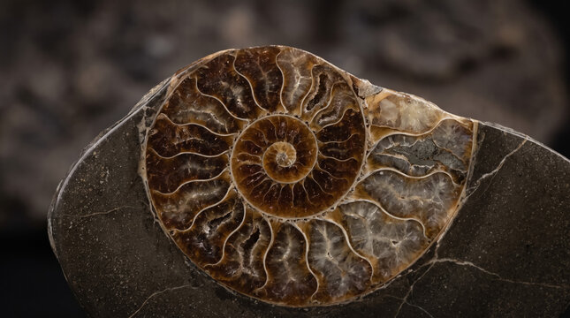 Ammonite fossil displaying detailed internal chamber structure and a logarithmic spiral pattern