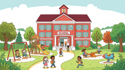 Fototapeta premium School Building with Children Playing on Playground, Swings, Slide, and Seesaw, Colorful Elementary Education Vector Illustration