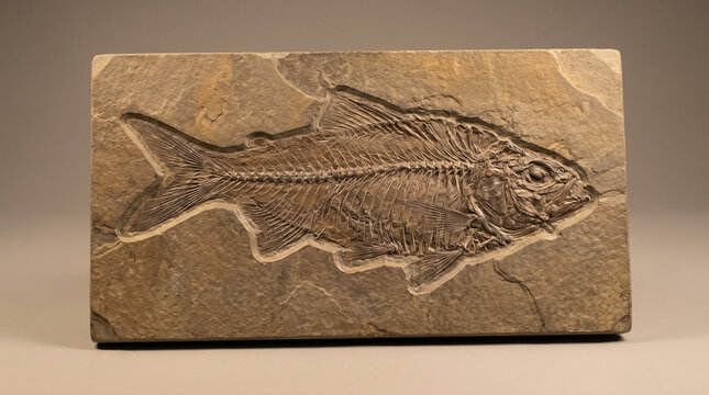Ancient fish fossil revealing detailed skeleton structure embedded in sedimentary rock, representing prehistoric life and evolution