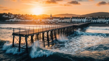 Obraz premium Ocean waves crash near wooden pier at sunset. Coastal town lines beach with white buildings. Warm sun reflects on water horizon. Scenic seascape.