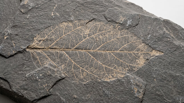 Fossilized leaf imprint displaying ancient plant life preserved in rock, geological study of prehistoric botanical form