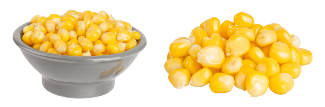 corn seeds in ceramic bowl isolated on white background with full depth of field