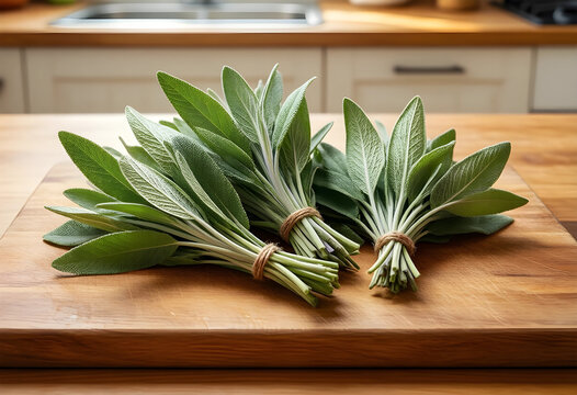Fresh sage bundles on a wooden cutting board, culinary herbs for cooking and healthy eating, kitchen background