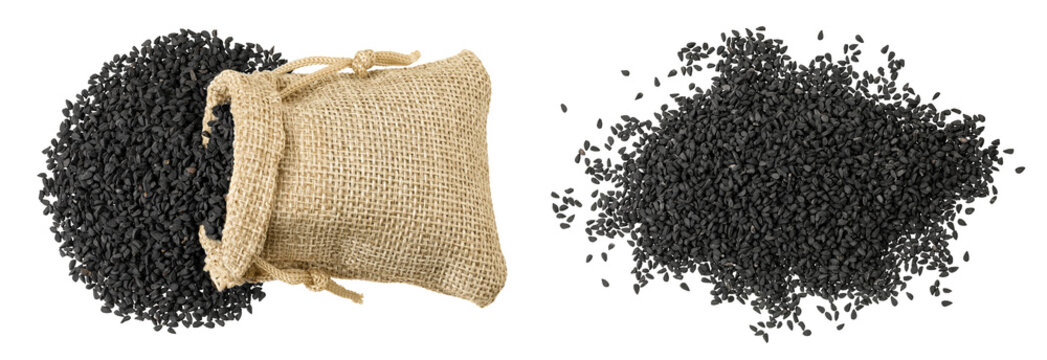 Nigella sativa or Black cumin in a bag isolated on white background. Top view. Flat lay