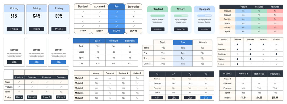 Modern pricing table and subscription plan comparison vector ui template set