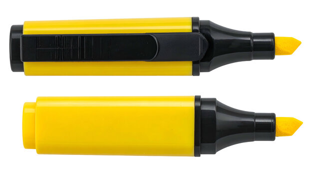 Two yellow and black highlighting pens, one with a clip, shown parallel. Both have a chiseled felt tip