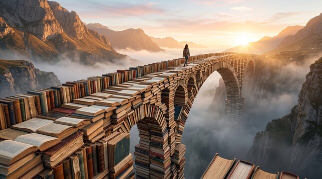 Metaphor of Arch Bridge Built with Books in Clouds for Higher Education, Knowledge to Success, Wisdom, and Future Career
