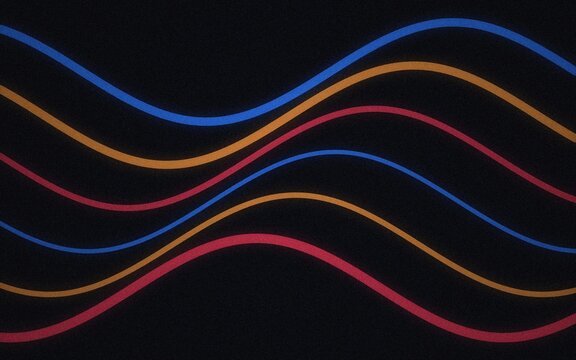 Abstract background, with multiple smooth, flowing horizontal blue, orange, and red, lines on a, dark black textured, surface with a, subtle grain