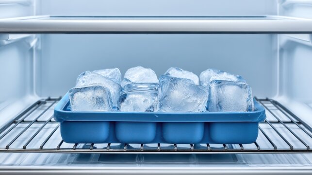 Ice cubes freezing in a blue tray inside a refrigerator's freezer compartment.