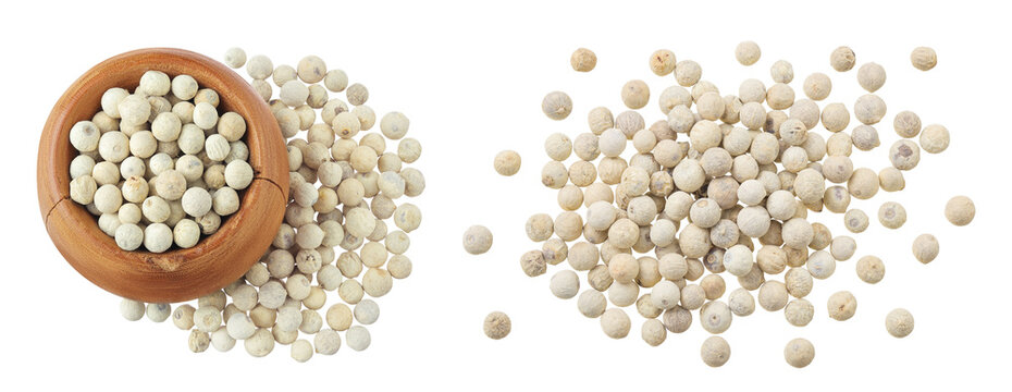 White peppercorns or pepper in wooden bowl isolated on white background. Top view. Flat lay