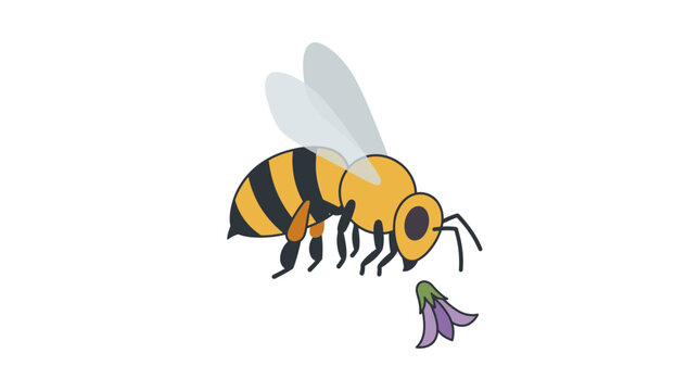 Cute Cartoon Bee Insect Collecting Nectar from Small Purple Flower Isolated