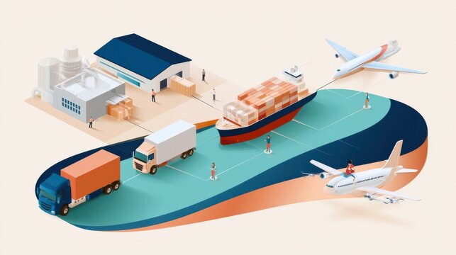 Isometric vector illustration of complete supply chain. Logistics concept with factory, truck, ship, and plane for global cargo transport