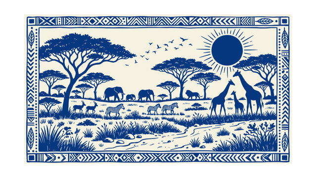 African safari savanna landscape vector illustration featuring wild animals like giraffes elephants and zebras with decorative ethnic border