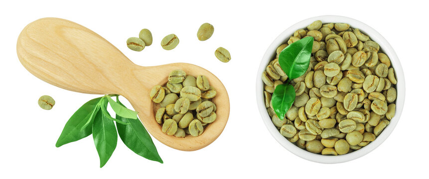 Green coffee beans in wooden spoon and ceramic bowl isolated on white background. Top view