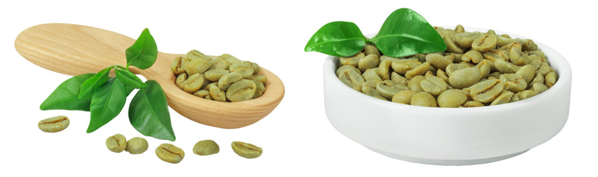 Green coffee beans in wooden spoon and ceramic bowl isolated on white background