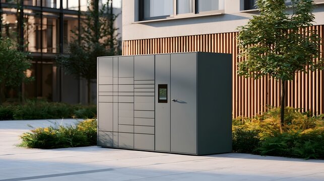 Modern gray parcel locker unit stands outdoors beside a contemporary building with wooden paneling and greenery