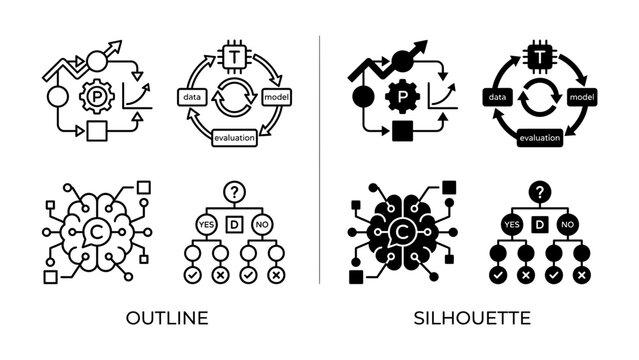 Data Processing Workflow and AI Brain Concept: A set of icons illustrating data processing workflows, cycle diagrams, and an AI brain concept, presented in both outline and silhouette styles.