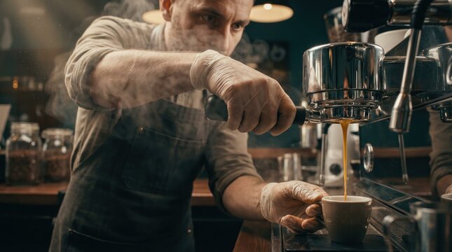 A barista pulls espresso shots at a coffee shop while steam rises from the machine during the morning rush
