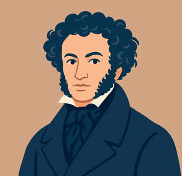 Vector portrait of Alexander Pushkin. Illustration of the Russian poet in a dark coat with cravat. Historical figure portrait on beige background.