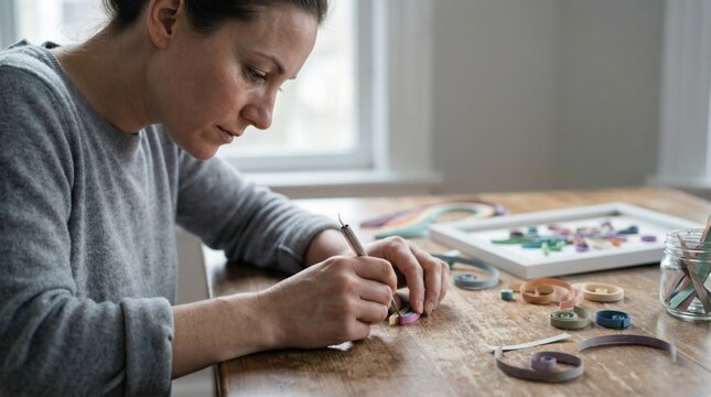 A woman is focused on making art using colorful paper. She sits at a wooden table with supplies scattered around her