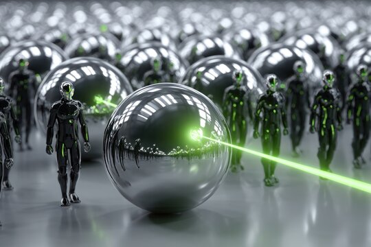Robots stand in a row around large metallic orbs. One robot shoots a green laser beam at an orb, showing technology and interaction