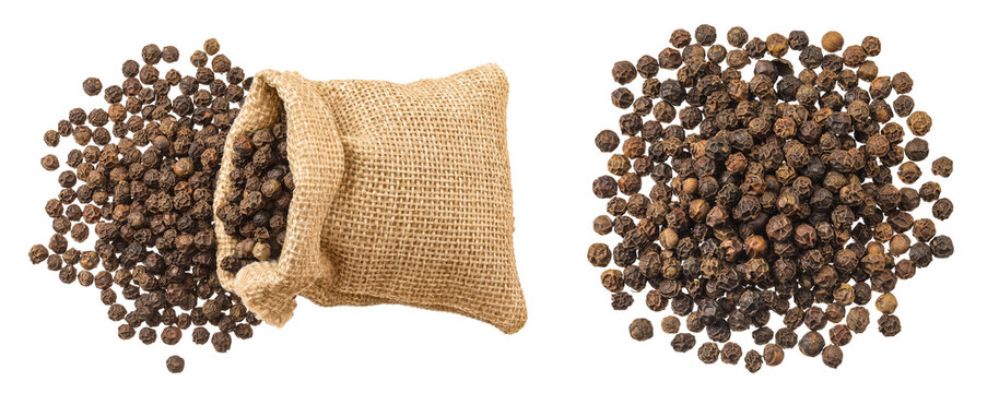 Black peppercorns or pepper in a bag isolated on a white background. Top view. Flat lay