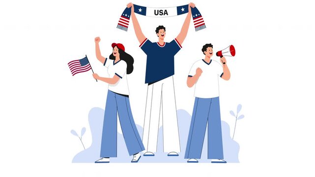 Animated patriotic vector illustration showing three people celebrating with American flags, a USA banner and a megaphone. Characters move through subtle cheering, jumping, head and arm motions, creat