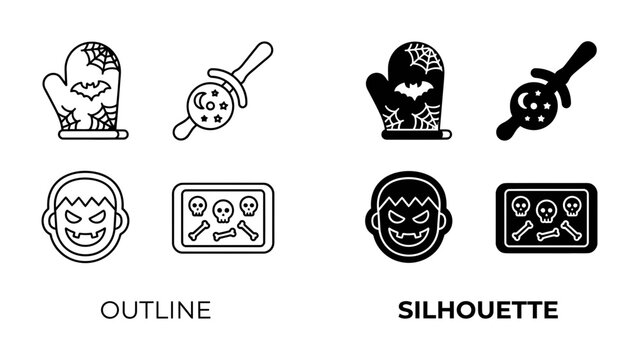 Halloween Icon Set: A collection of outline and silhouette icons featuring spooky Halloween themes, including a monster face, a cookie sheet with cookies, a bat-adorned oven mitt, and a food skewer.