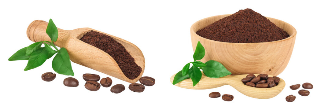 ground coffee in wooden scoop and bowl and coffee beans isolated on white background
