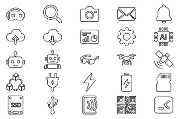 Fototapeta premium Technology line icon set with editable stroke. Features artificial intelligence, hardware, cloud, robot, and electronic device symbols.