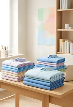 Sustainable fashion and minimalist wardrobe, neatly folded pastel shirts on a wooden desk in a bright room