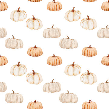 Watercolor pastel pumpkin repeat pattern, ideal for Thanksgiving, Halloween, and autumn-themed surface designs.