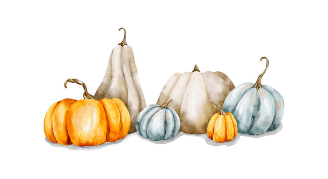 Cozy autumn pumpkin composition with pastel foliage, a rustic watercolor illustration for seasonal decorations.