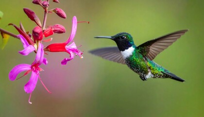 Naklejka premium Hummingbird approaching colorful flower for nectar pollination