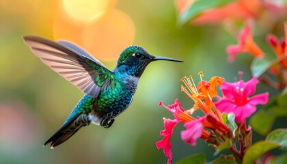 Naklejka premium Hummingbird hovering near colorful flowers collecting nectar
