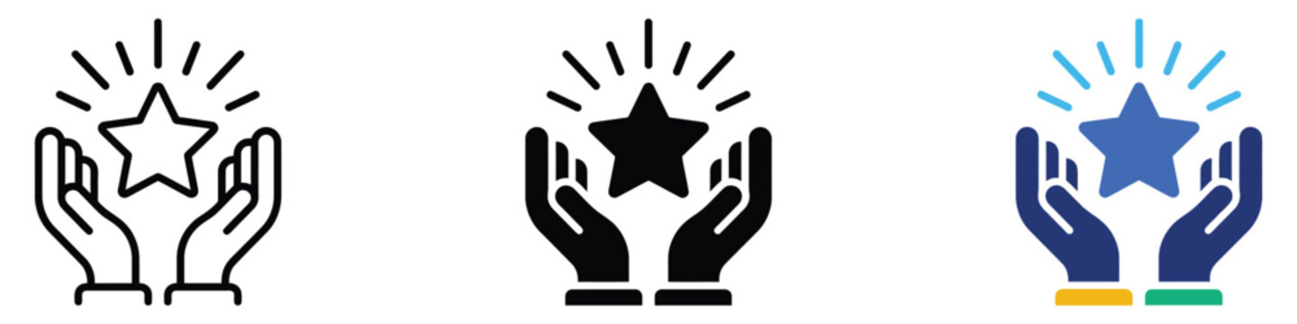Success Achievement Shining Star Hands Recognition Celebration Award Quality Rating Icon Set Outline Glyph Flat Color Vector